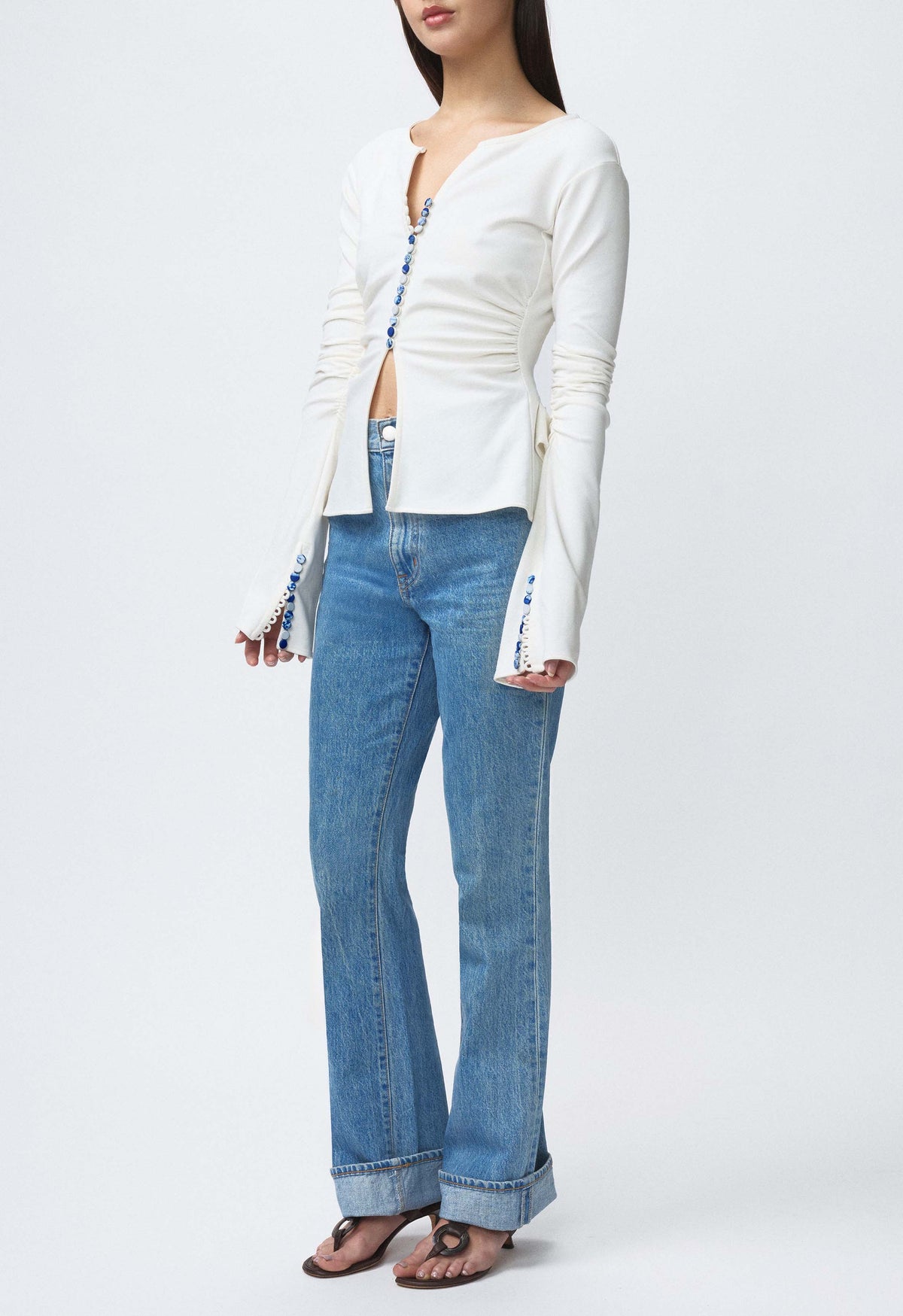 Art Deco Ruched Button Top Off White