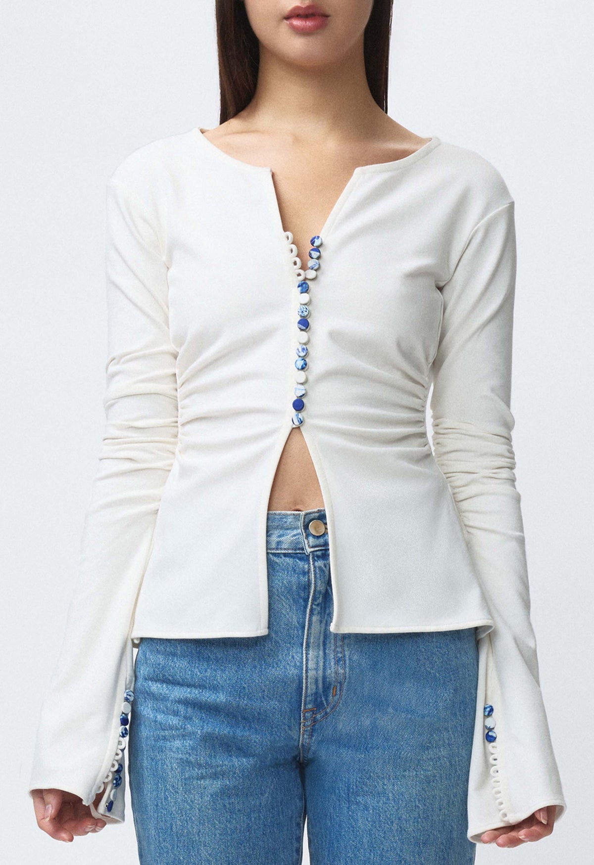 Art Deco Ruched Button Top Off White