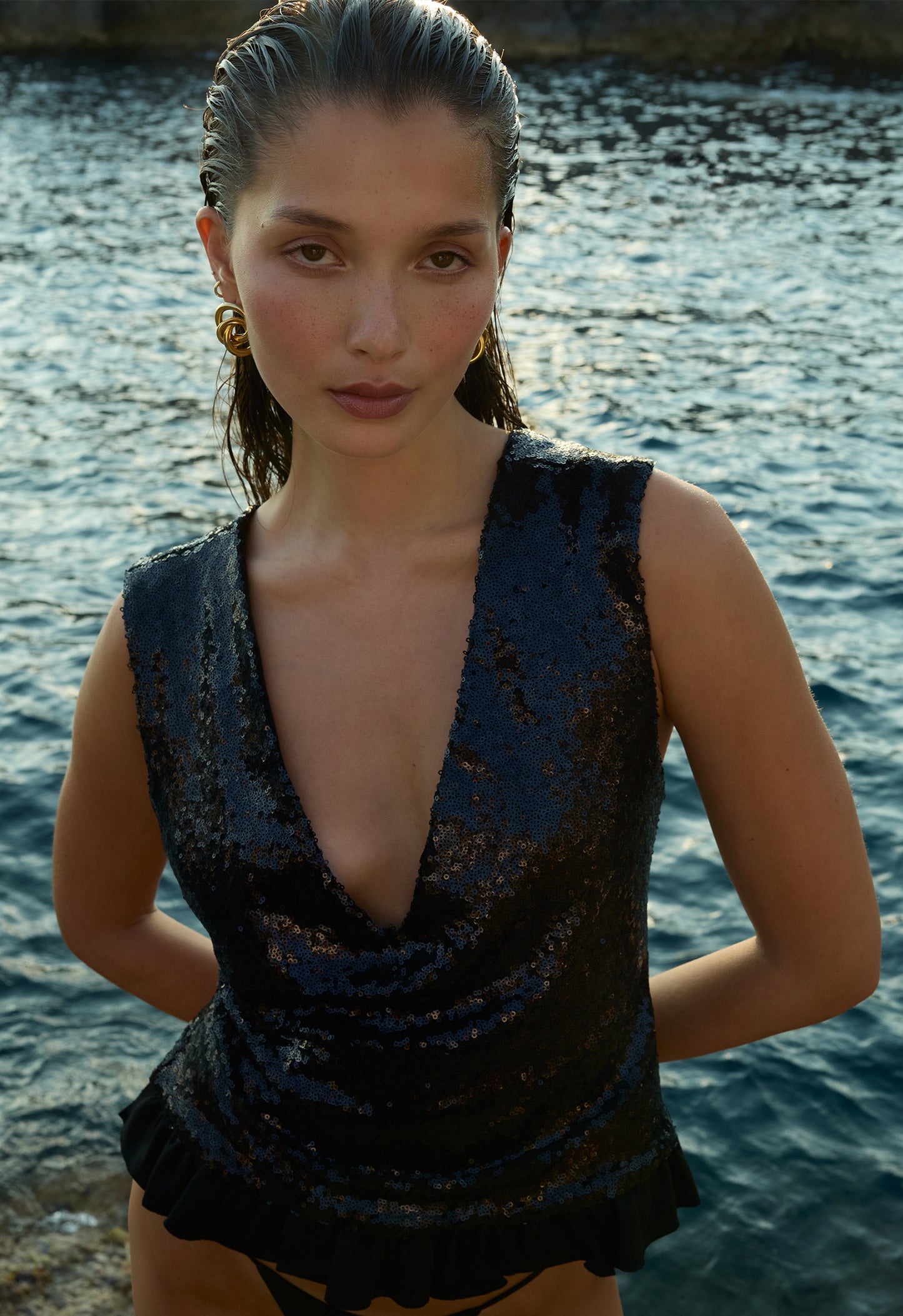 Sequin Petal Top Black