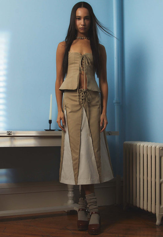 Lace up Panel Top Khaki