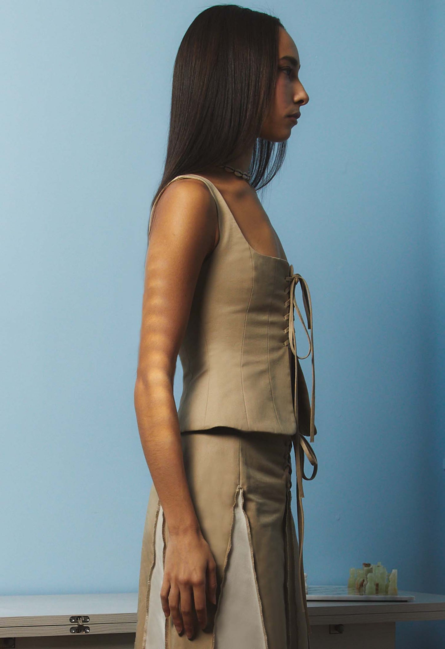Lace up Panel Top Khaki