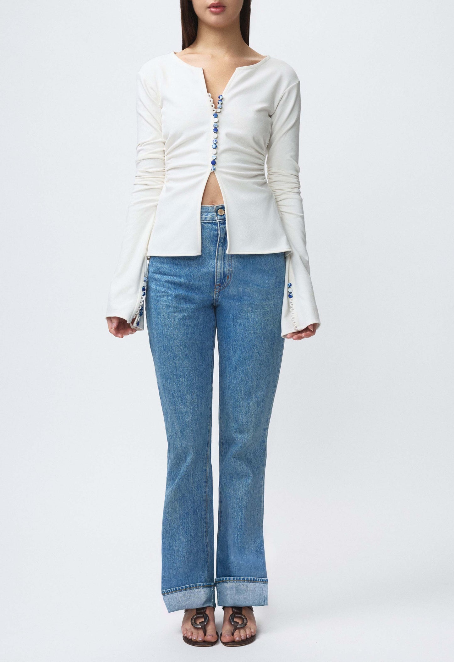 Art Deco Ruched Button Top Off White