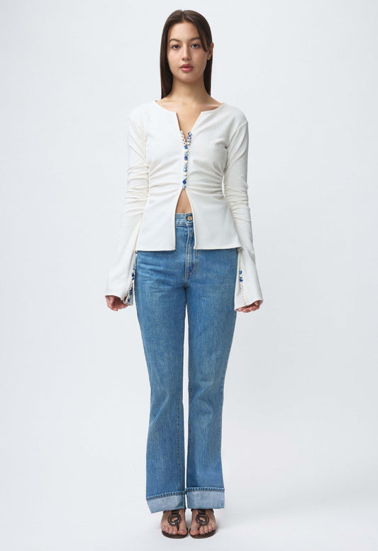 Art Deco Ruched Button Top Off White