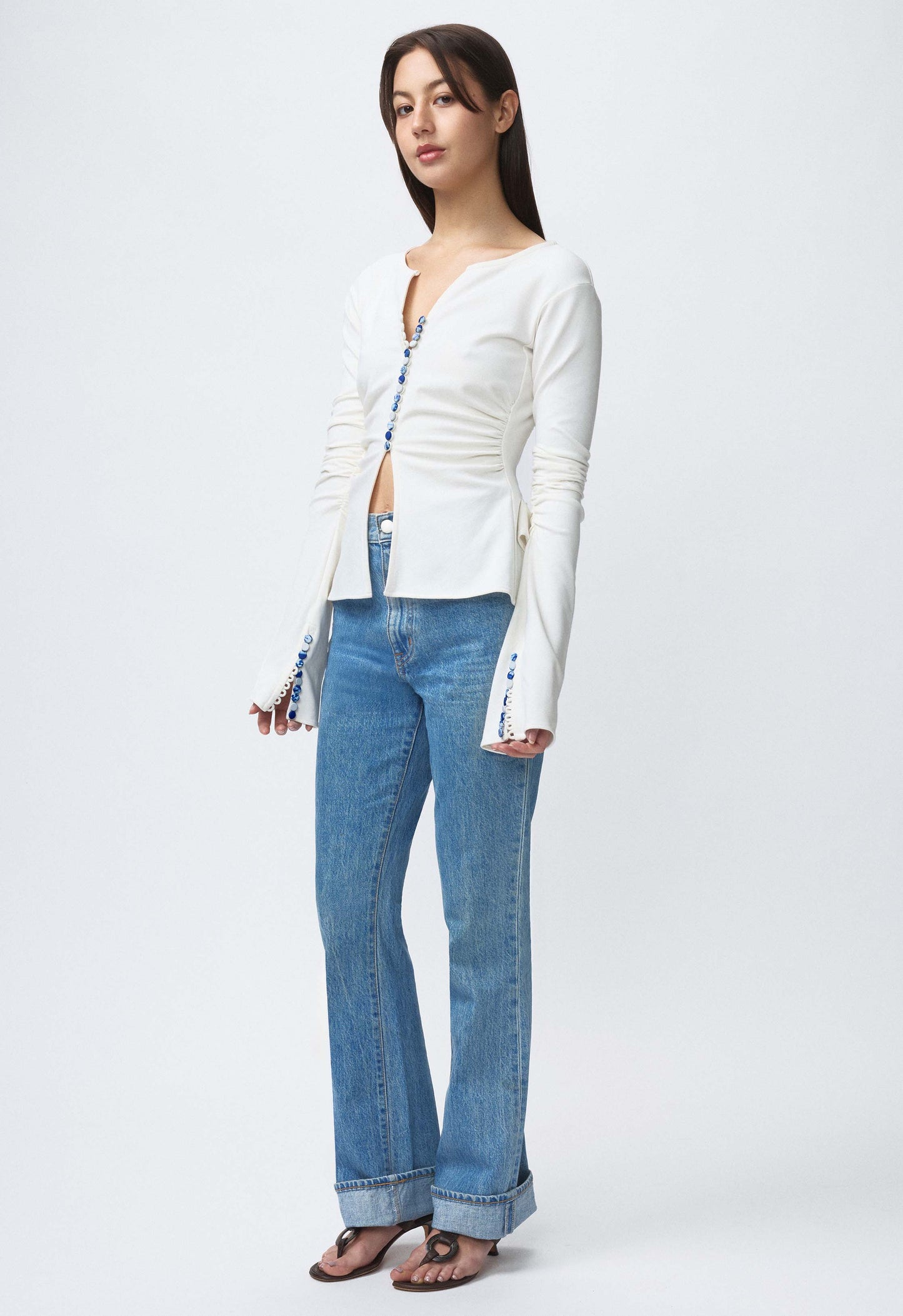 Art Deco Ruched Button Top Off White