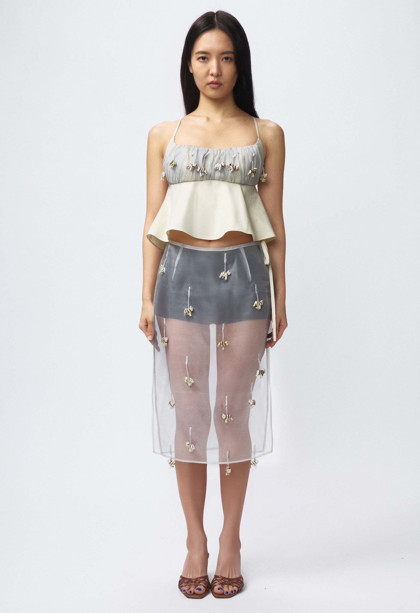 Beaded Ruched Bralette Top Grey Cat