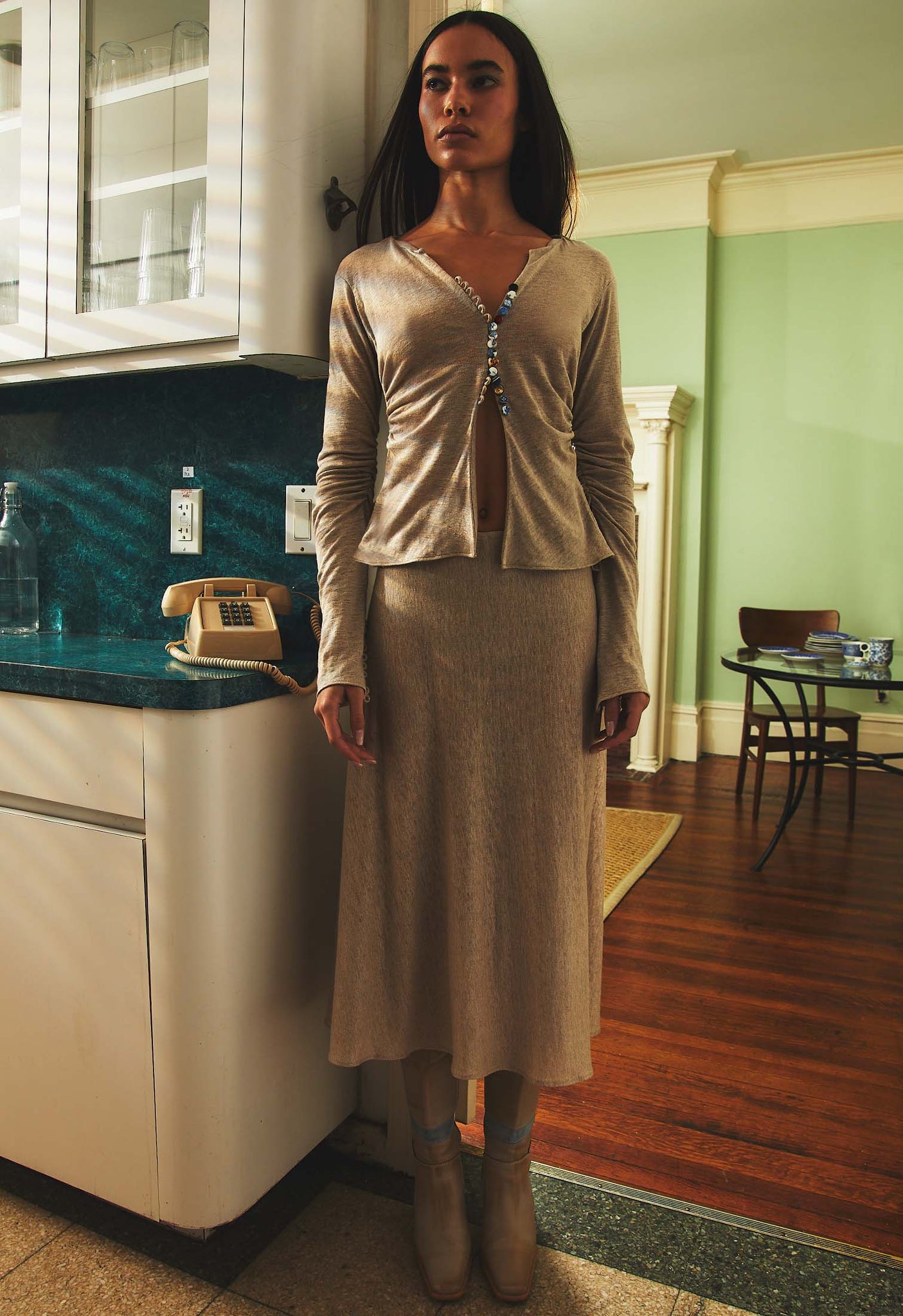 Art Deco Ruched Button Top