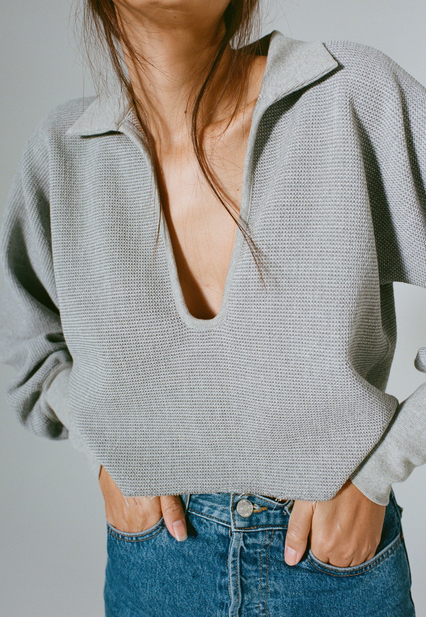 U Neck Waffle Sweater Heather Grey